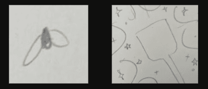 Pencil sketches of the girl and the potion bottles