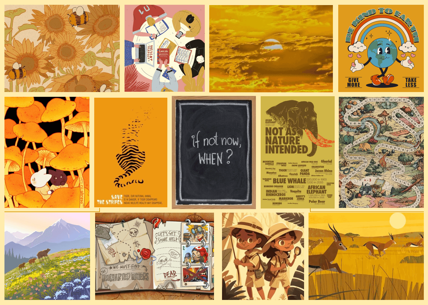 Moodboard: bees, sunflowers, safari illustrations and nature posters