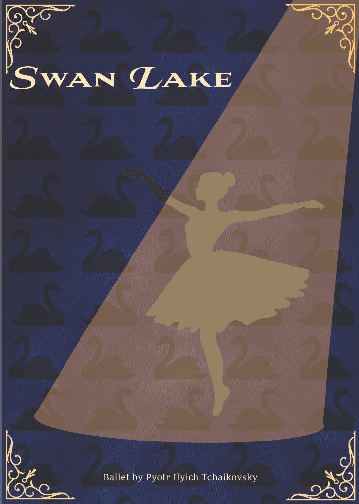 Static Swan Lake poster: a gold spotlight on a ballerina over a blue swan pattern