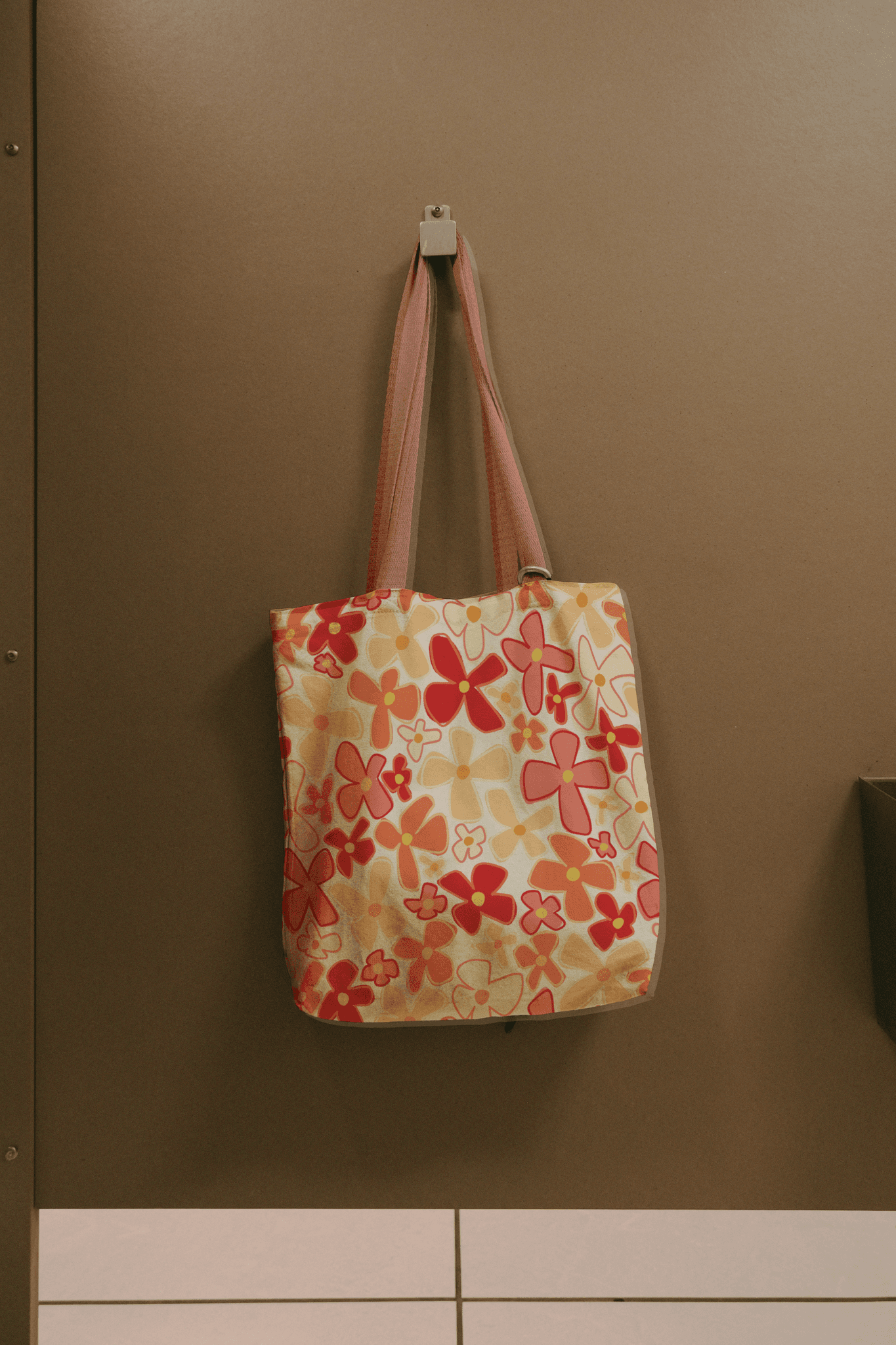 Tote bag with red flower pattern