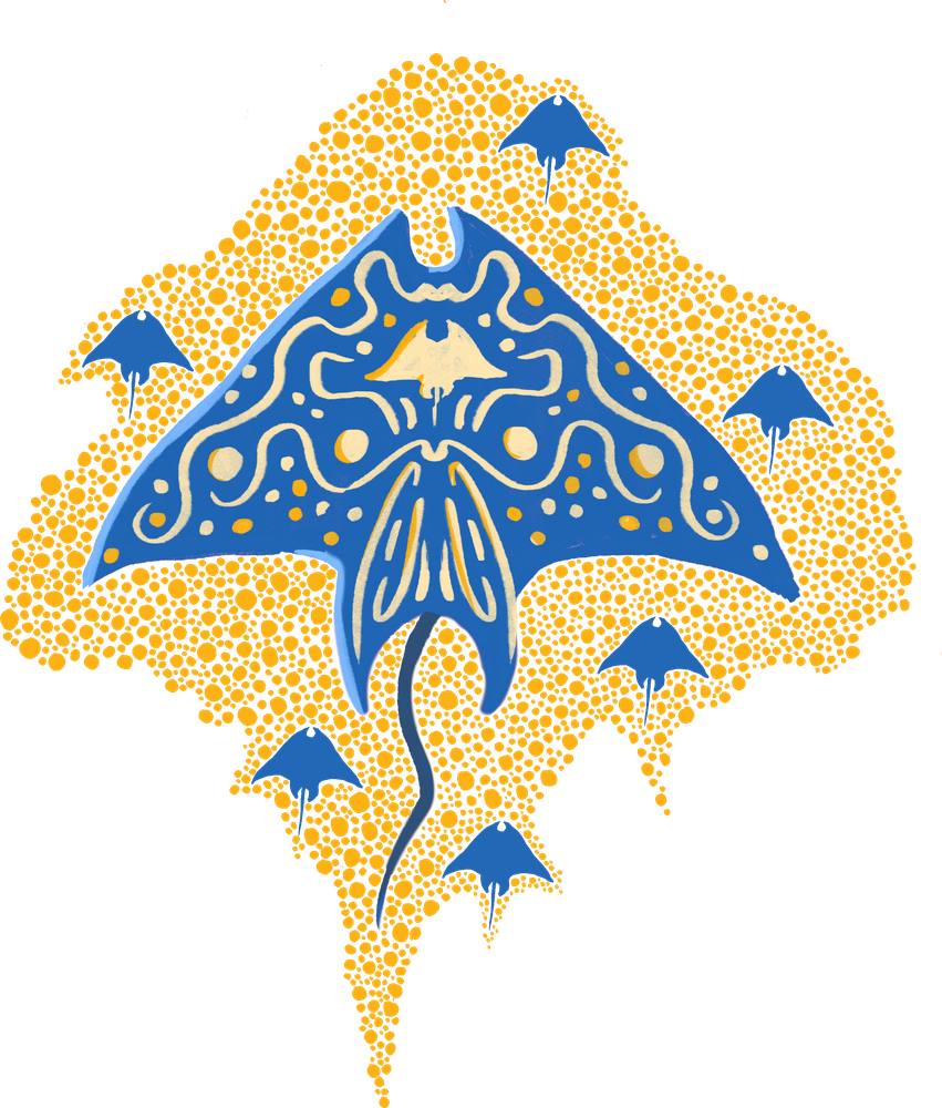 Manta ray stamp design surrounded by small rays